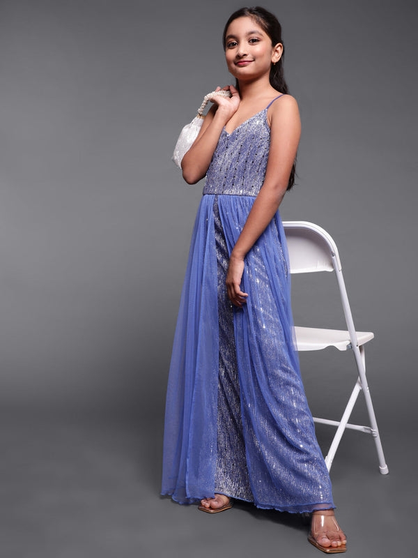 Girl's Royal Blue Embellished Layered Maxi Dress - Aks Girls