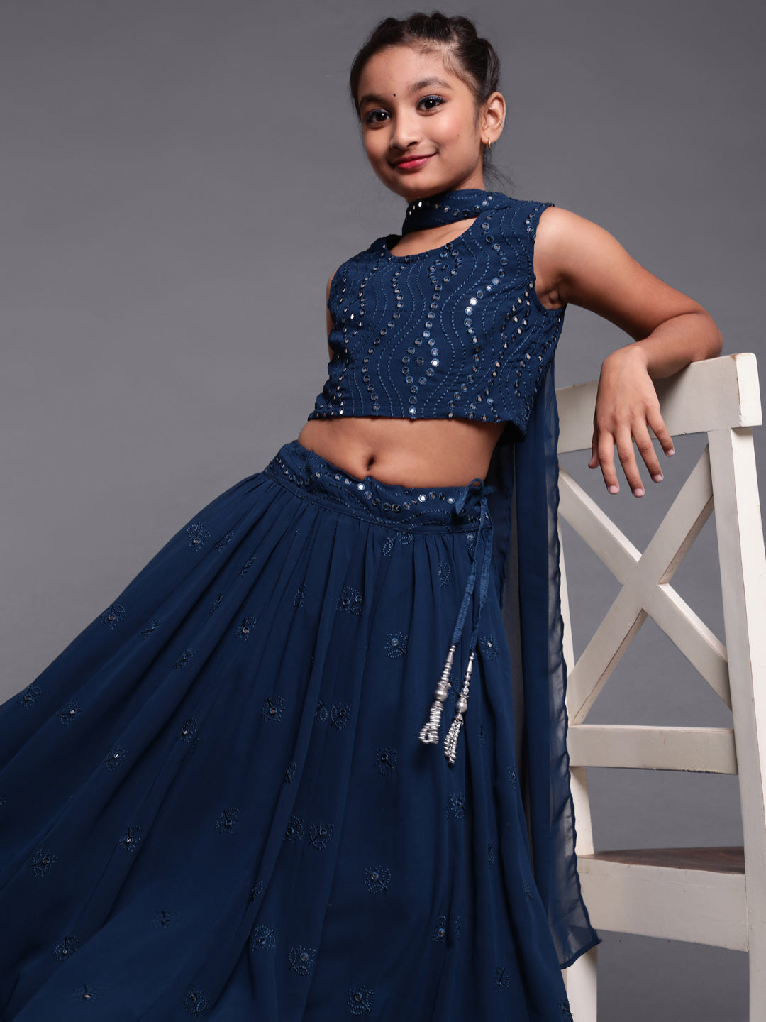 Girl's Blue Mirror Work Lehenga Choli With Dupatta Set - Aks Girls