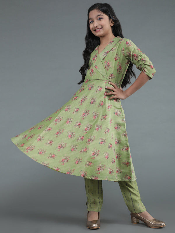 Girl's Green Floral Print Kurta With Pant - Aks Girls