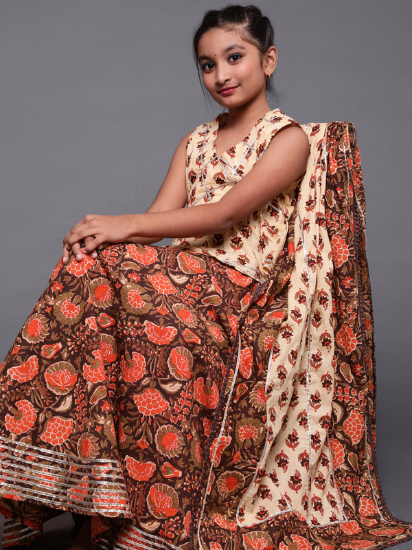 Girl's Brown & Cream Floral Print Lehenga Choli With Dupatta - Aks Girls