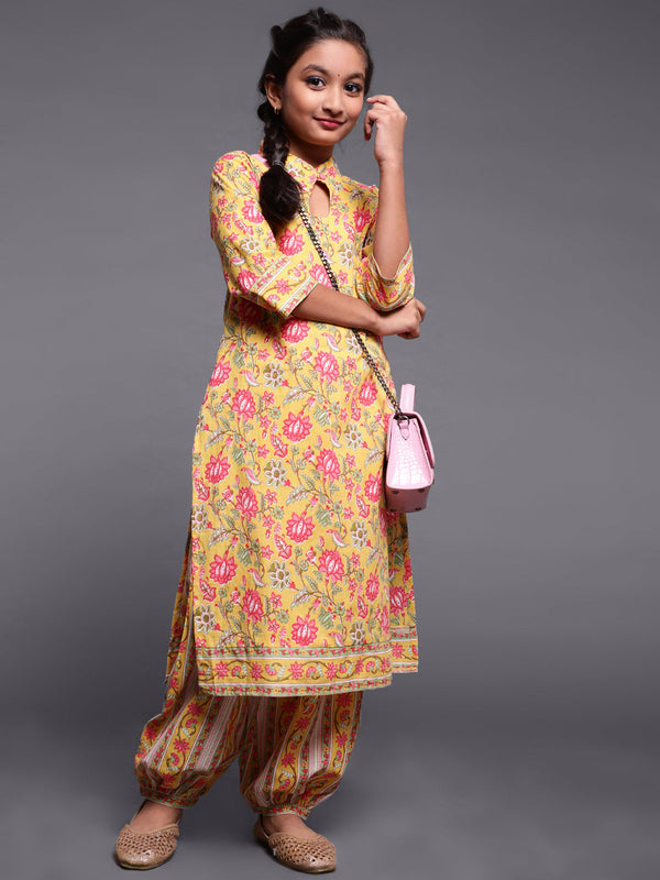 Girl's Yellow Floral Print Kurta With Balloon Palazzo - Aks Girls