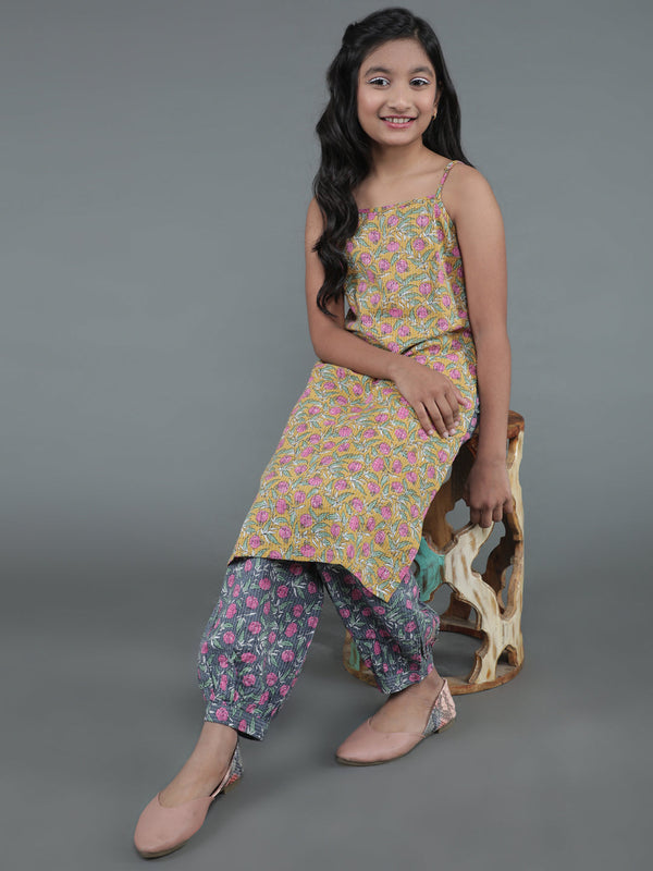 Girl's Mustard & Grey Floral Print Kurta With Balloon Palazzo - Aks Girls