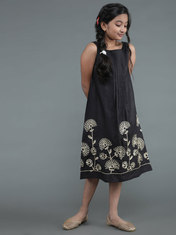 Girl's Black Embroidered A-Line Dress - Aks Girls