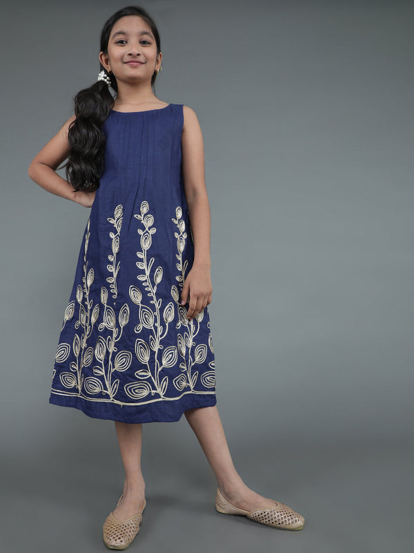 Girl's Navy Blue Embroidered A-Line Dress - Aks Girls