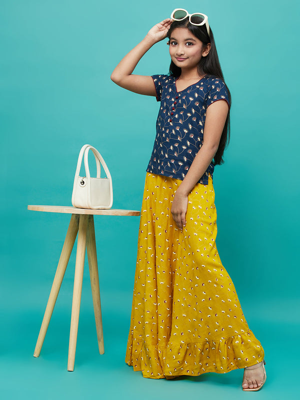 Girl's Yellow & Blue Floral Print Lehenga Choli - Aks Girls