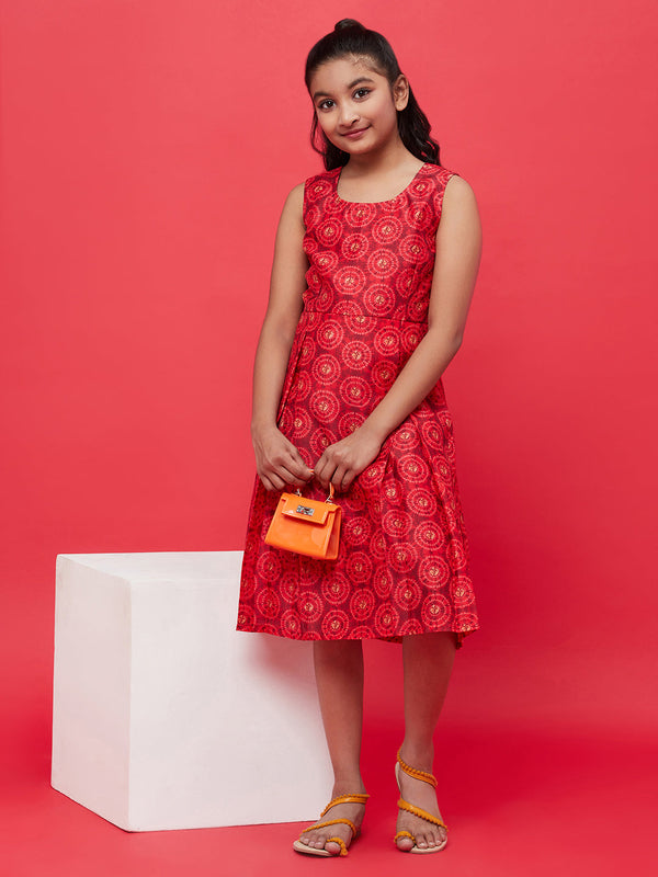 Girl's Red Digital Print Box Pleated Dress - Aks Girls