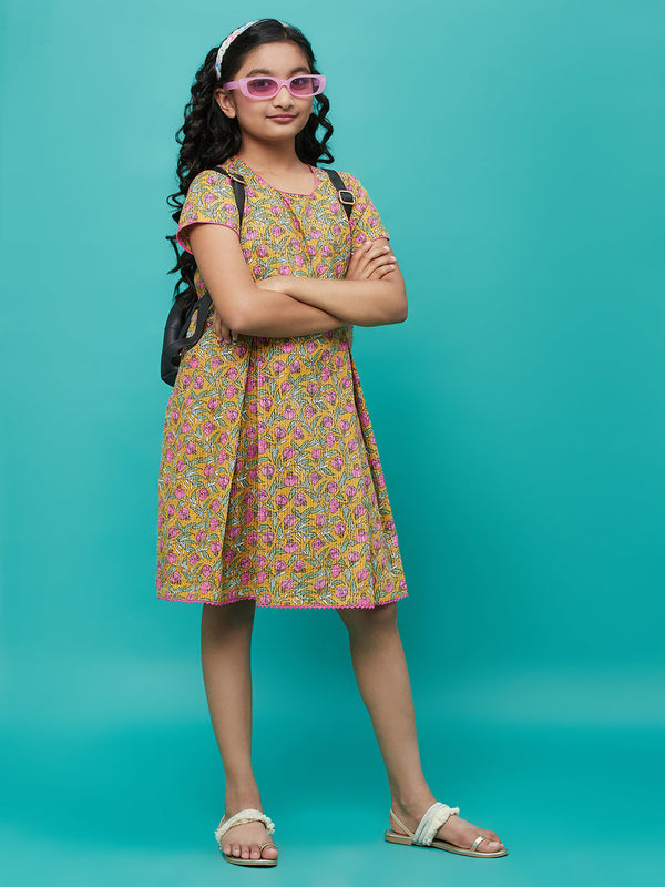 Girl's Mustard Floral Print Box Pleated Dress - Aks Girls