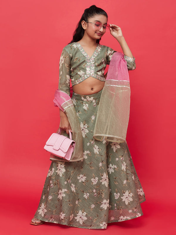 Girl's Pastel Green Floral Print Lehenga Choli With Dupatta - Aks Girls