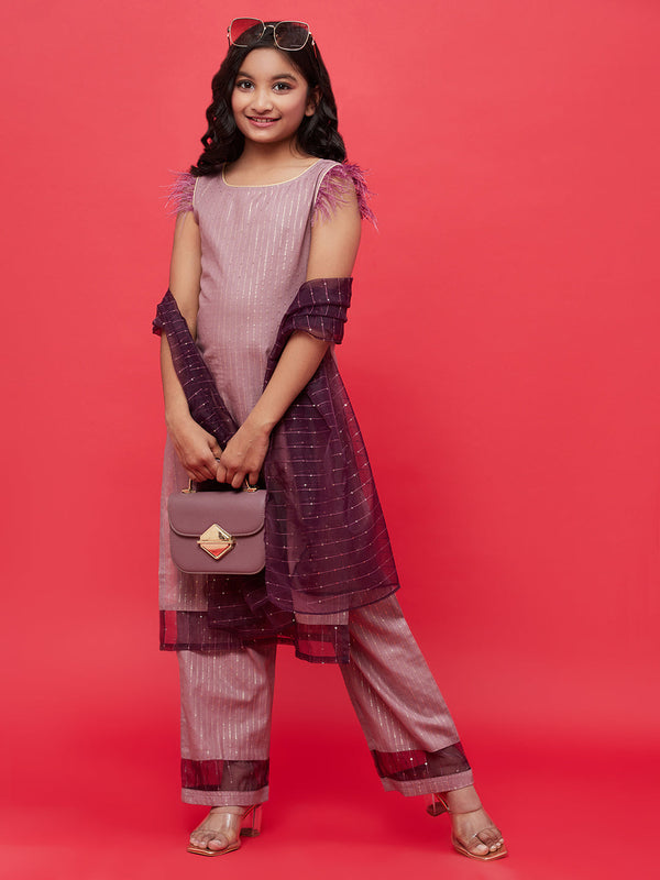 Girl's Brown Kurta Palazzo With Sequin Dupatta - Aks Girls