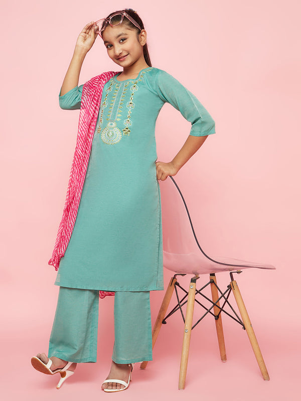 Girl's Green Embroidered Kurta Palazzo With Dupatta - Aks Girls