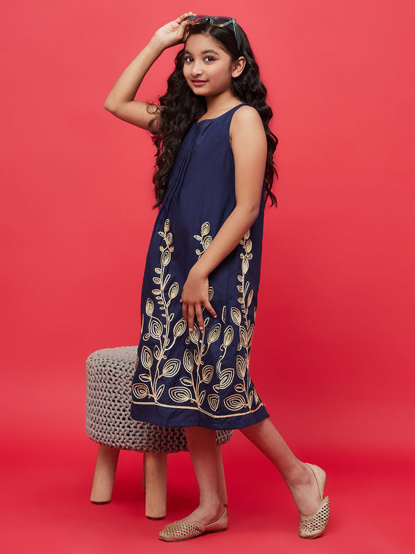 Girl's Navy Blue Embroidered A-Line Dress - Aks Girls