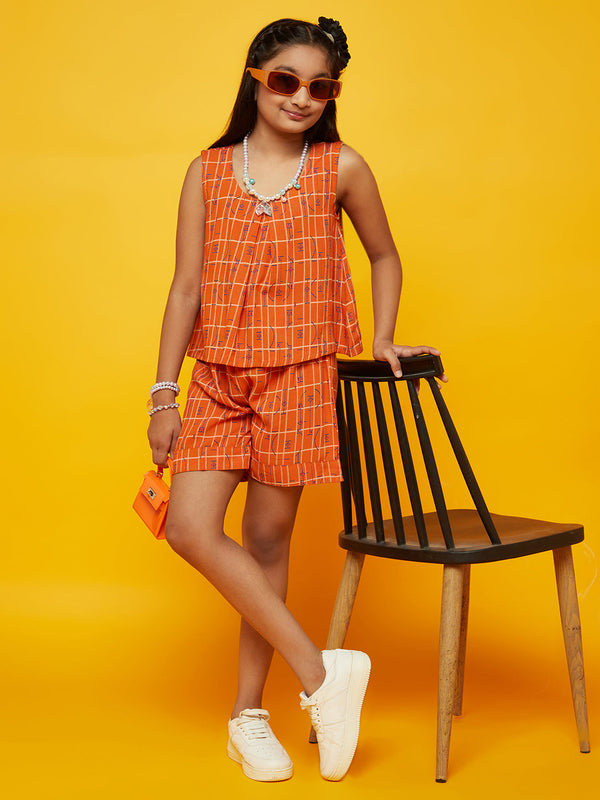 Girl's Orange Printed Playsuit - Aks Girls