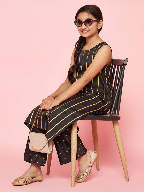 Girl's Black Zari Work Striped Kurta With Palazzo - Aks Girls