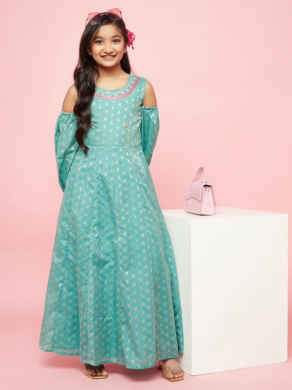 Girl's Green Embellished Flared Maxi Dress - Aks Girls