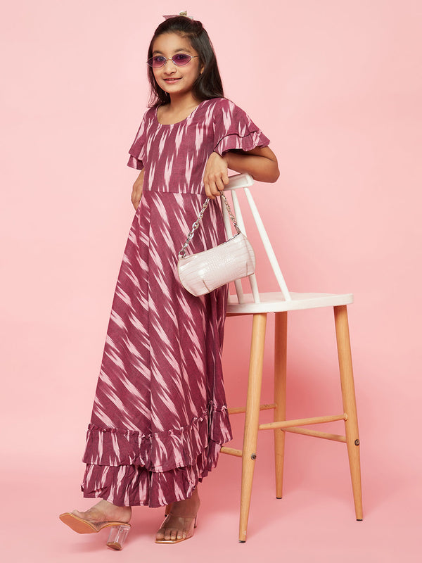 Girl's Burgundy Ikat Design Flared Dress - Aks Girls