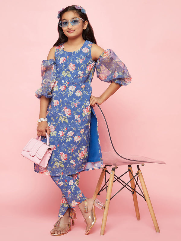 Girl's Blue Floral Print Kurta With Pant - Aks Girls