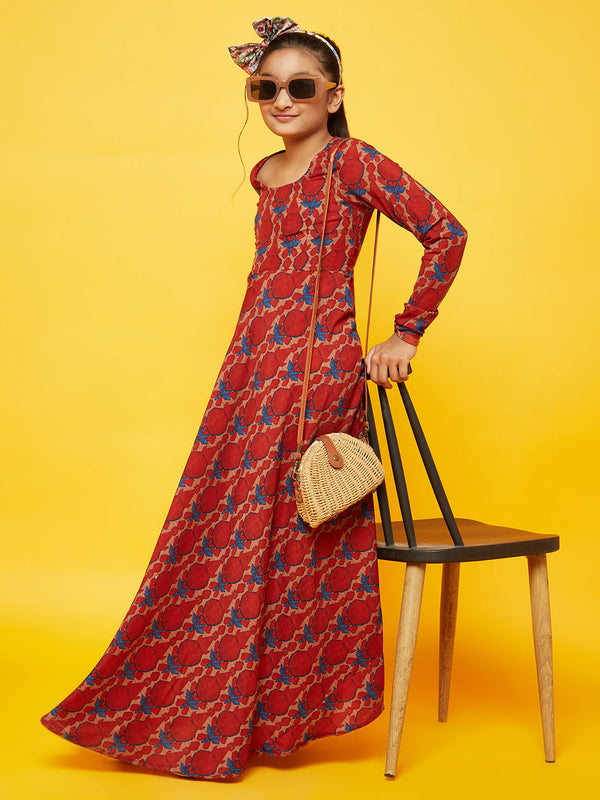 Girl's Maroon Printed Flared Maxi Dress - Aks Girls