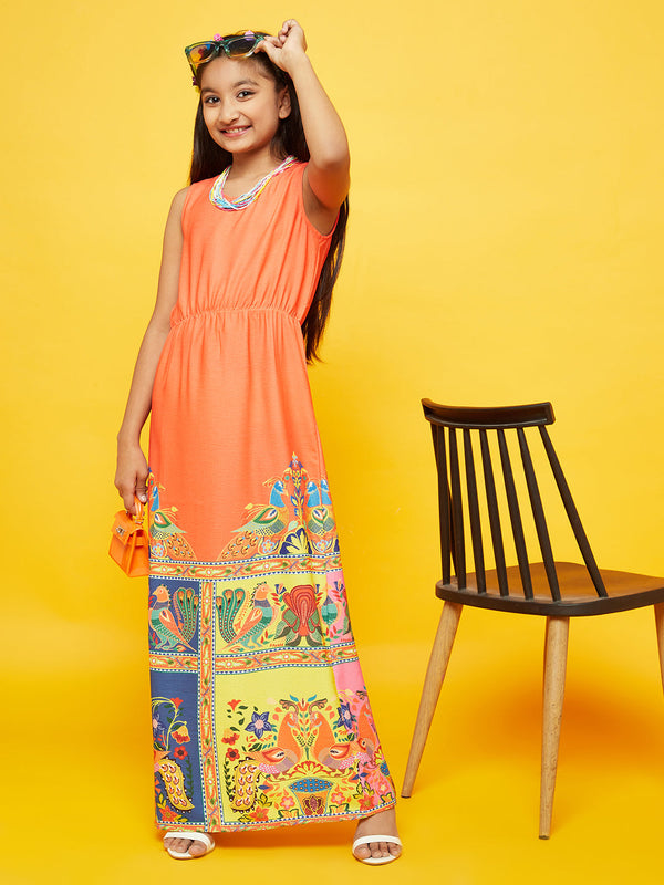 Girl's Orange Printed Flared Dress - Aks Girls