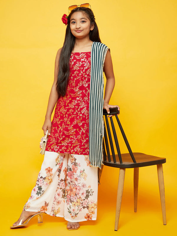 Girl's Red Floral Print Kurta With Dupatta - Aks Girls