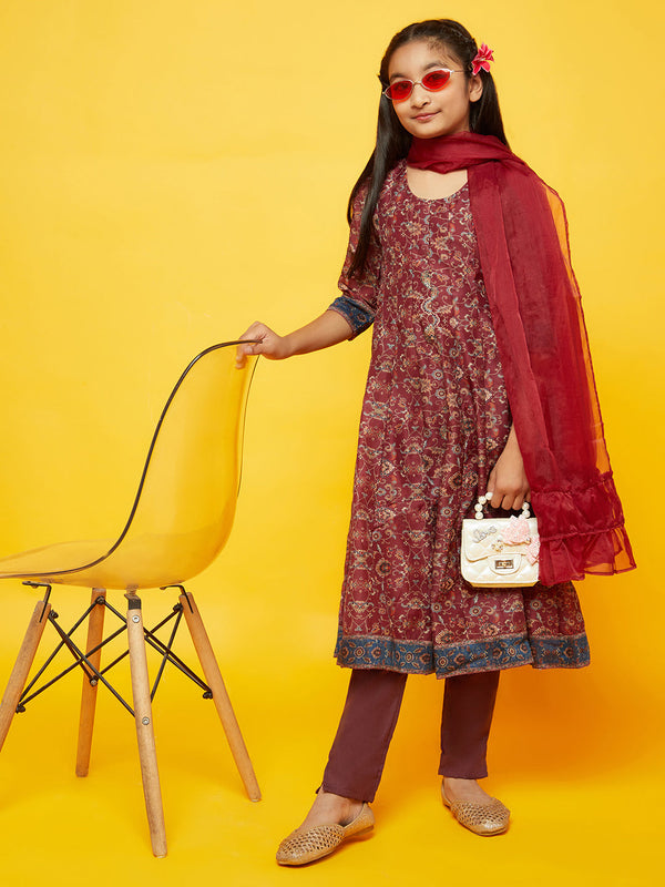 Girl's Burgundy Floral Print Anarkali Pant With Dupatta - Aks Girls