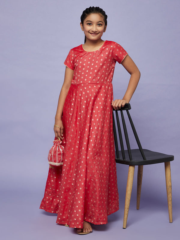 Girl's Red Gold Dobby Maxi Dress With Potali Bag - Aks Girls