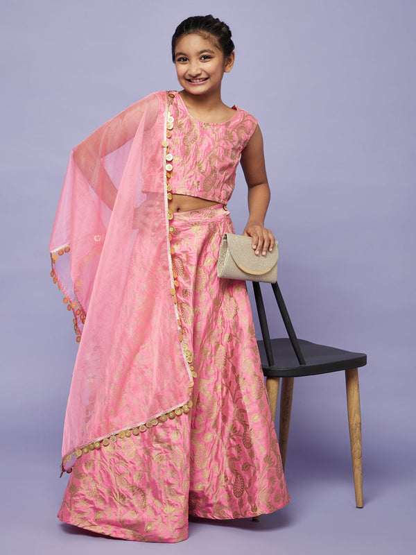 Girl's Pink Brocode Lehenga Choli With Dupatta - Aks Girls