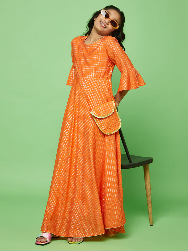 Girl's Orange Checked Long Dress With Bag - Aks Girls