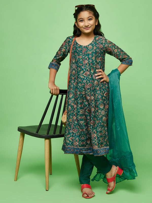 Girl's Green Floral Print Anarkali Pant With Dupatta - Aks Girls