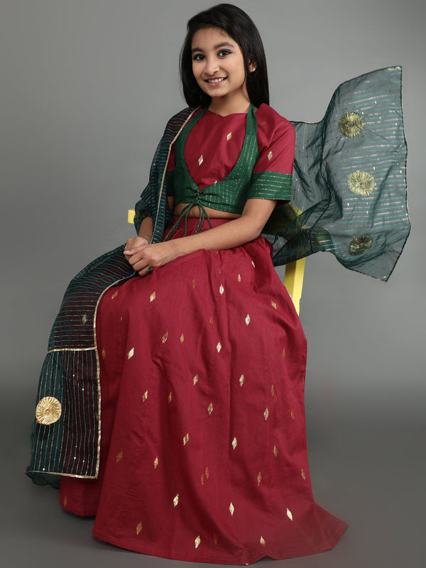 Girl's Maroon Woven Design Lehenga Choli With Dupatta - Aks Girls