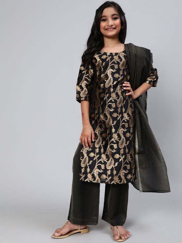 Girl's Blue Brocade Designed Kurta Palazzo With Dupatta - Aks Girls