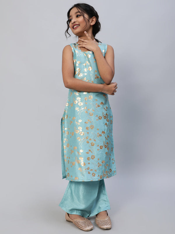 Girl's Blue Foil Printed Kurta With Palazzo - Aks Girls