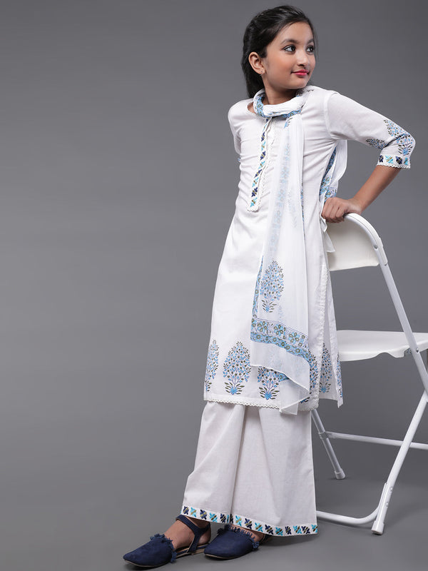 Girl's White Block Printed Kurta Palazzo With Dupatta - Aks Girls