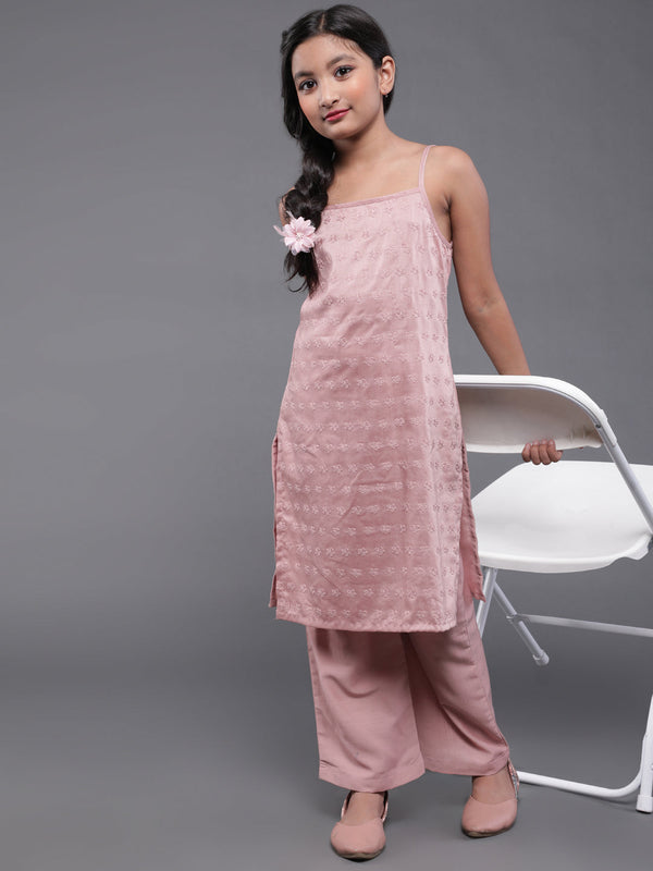 Girl's Rose Gold Schiffli Designed Kurta With Palazzo - Aks Girls