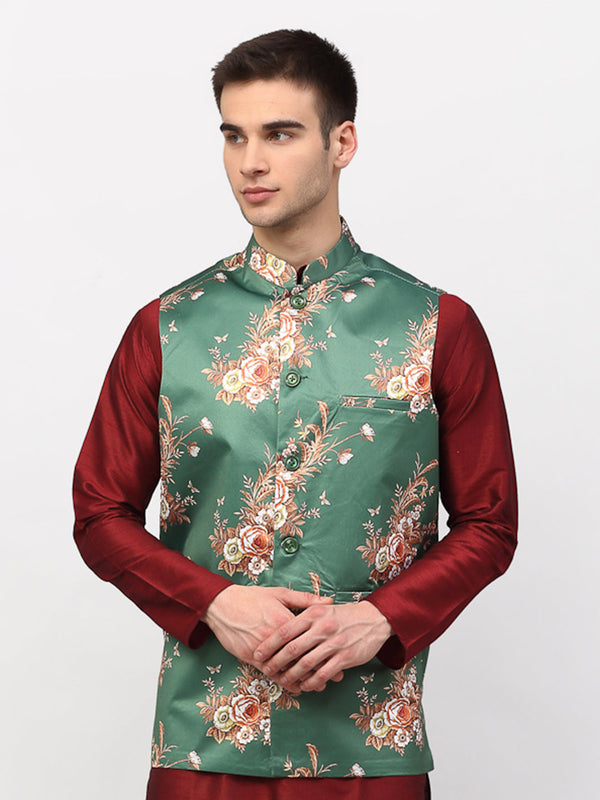 Men's Green Printed Nehru Jacket ( JOWC 4007Green ) - Virat Fashions