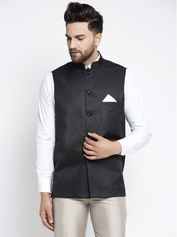 Men's Black Solid Nehru Jacket ( JOWC 4021Black ) - Virat Fashions