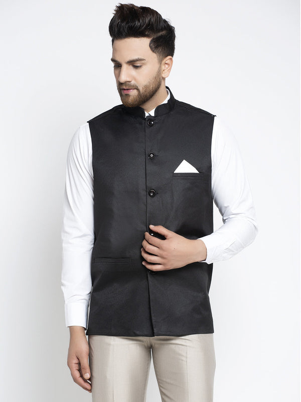 Jashvi Men's Black Solid Nehru Jacket