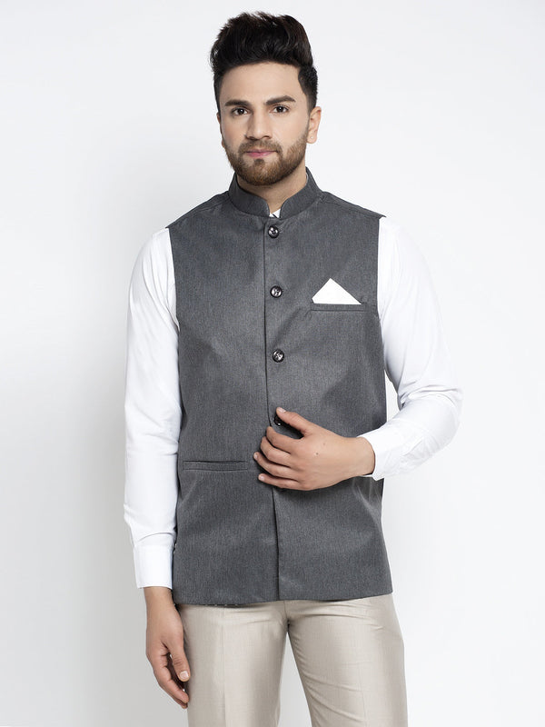 Jashvi Men's Grey Melange Solid Nehru Jacket