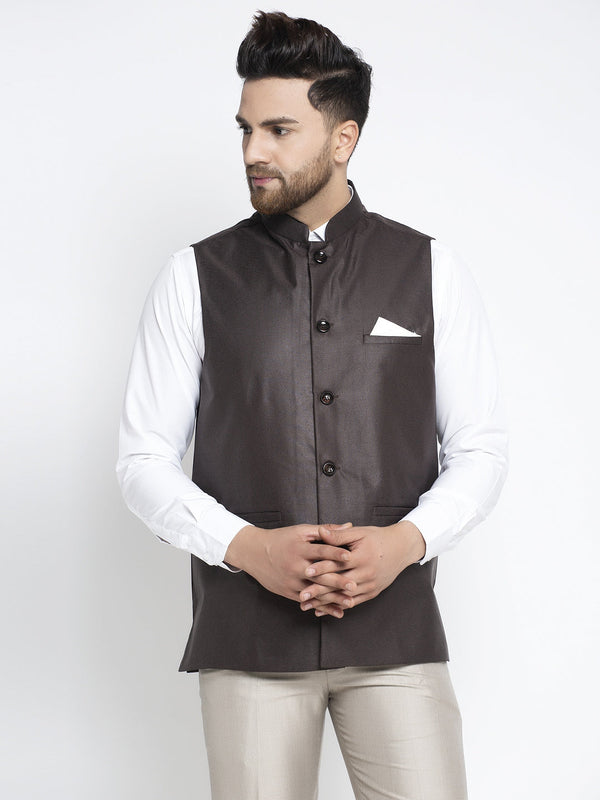 Jashvi Men's Brown Solid Nehru Jacket