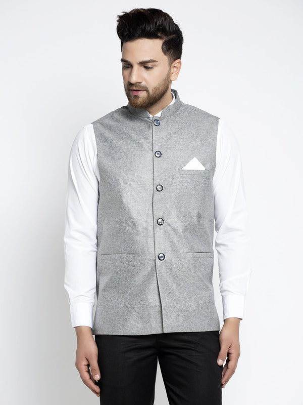 Jashvi Men's Grey Solid Nehru Jacket