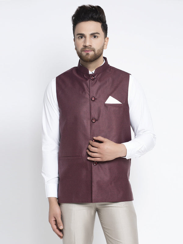 Jashvi Men's Maroon Solid Nehru Jacket