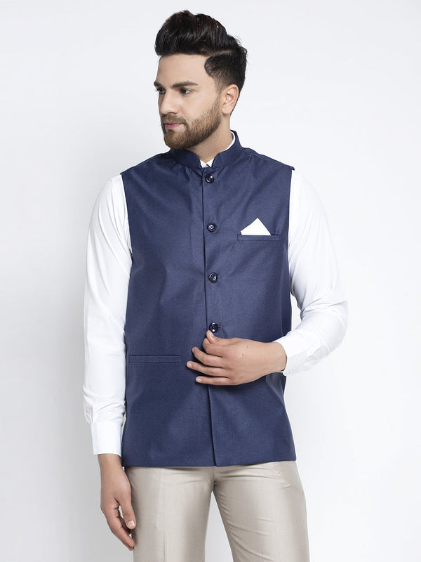 Men's Navy Blue Solid Nehru Jacket ( JOWC 4021Navy ) - Virat Fashions