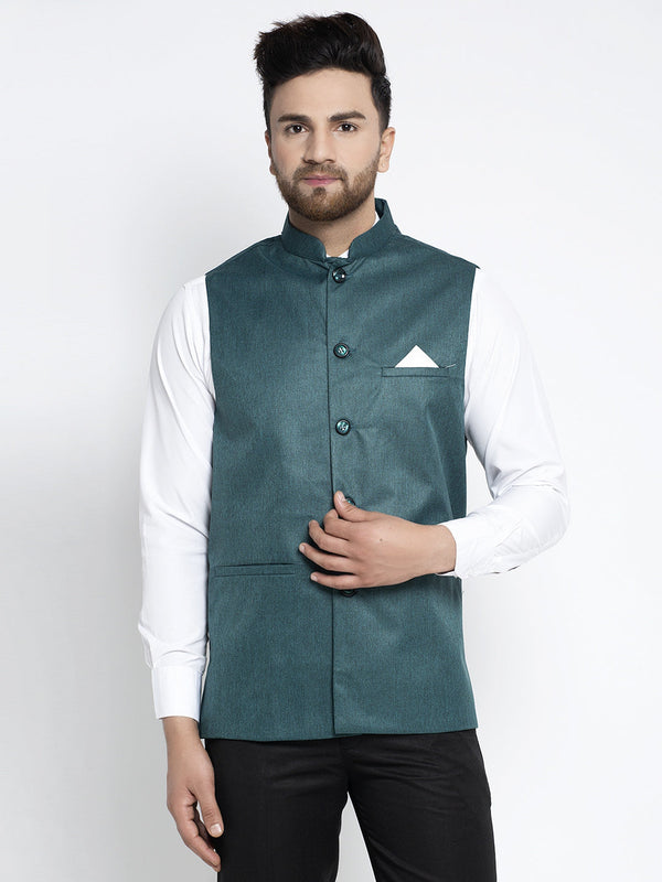 Men's Teal Solid Nehru Jacket ( JOWC 4021Teal ) - Virat Fashions