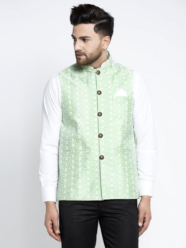 Jashvi Men's Green Embroidered Nehru Jacket