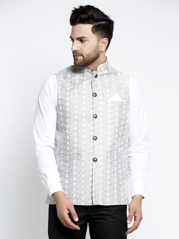 Men's Grey Embroidered Nehru Jacket ( JOWC 4023Grey ) - Virat Fashions