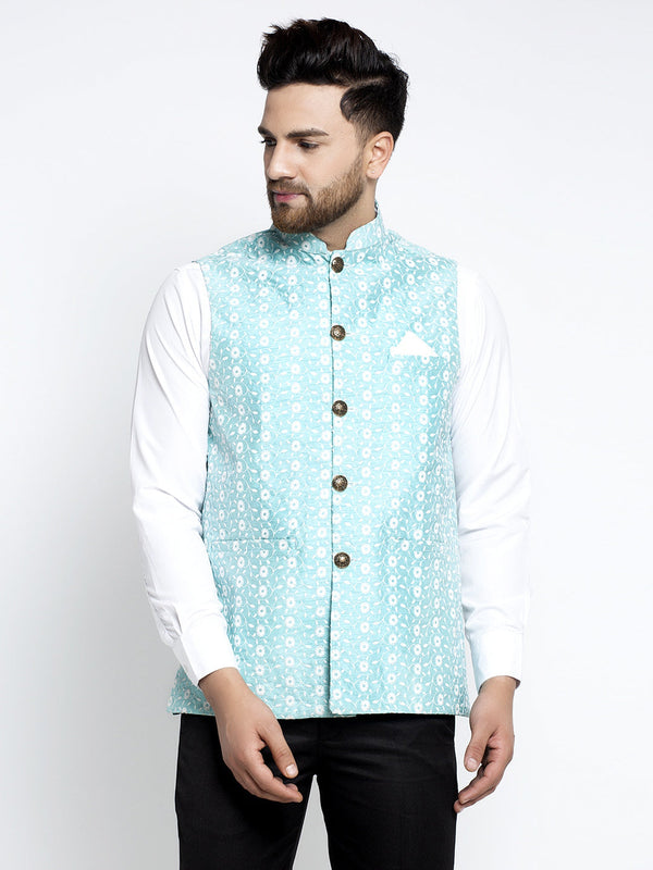 Men's Blue Embroidered Nehru Jacket ( JOWC 4023Sky ) - Virat Fashions