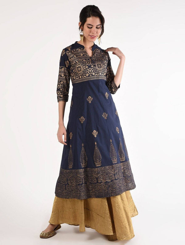 Women's Navy Blue Cotton Hand Block Print Anarkali Kurta Only - Cheera