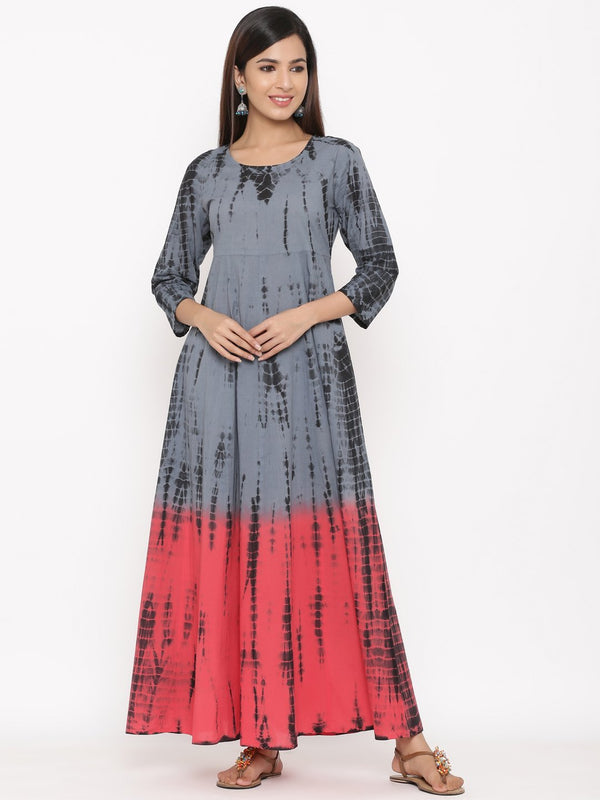 Women's Grey Tie-Dye Cotton Anarkali Kurta by Kipek (1 Pc Set)