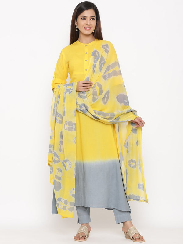 Women's Yellow & Grey Printed Cotton Kurta With Trousers Set by Kipek- (3pcs set)