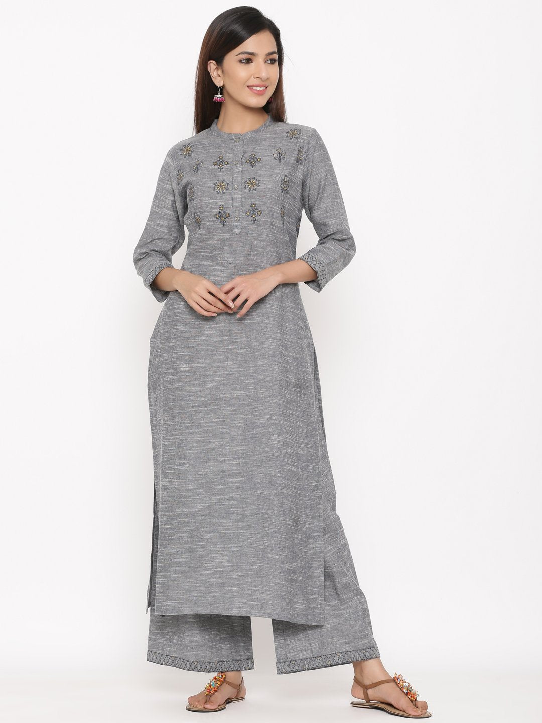 Women's Printed Pure Cotton Fabric Embroidered Kurta & Palazzo Set - Kipek