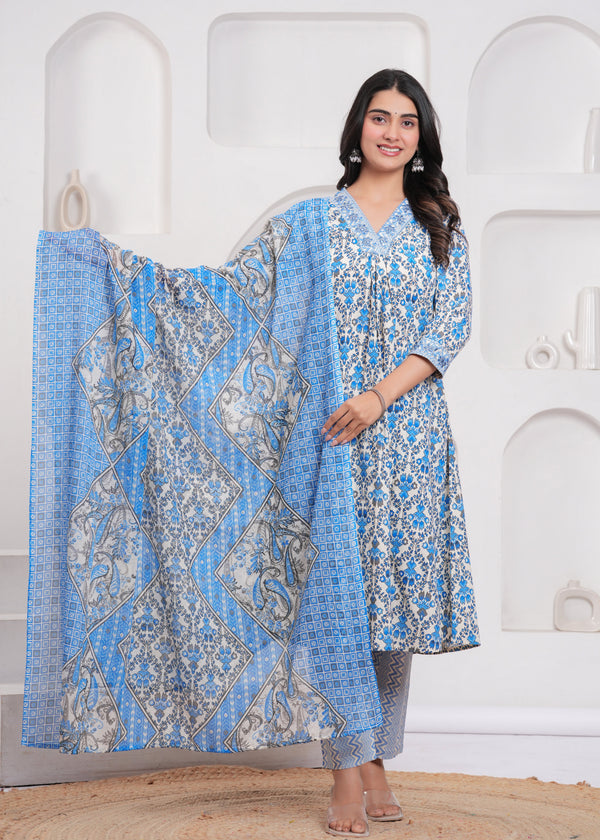 Women's Blue Cotton Floral Kurta Set - Kipek